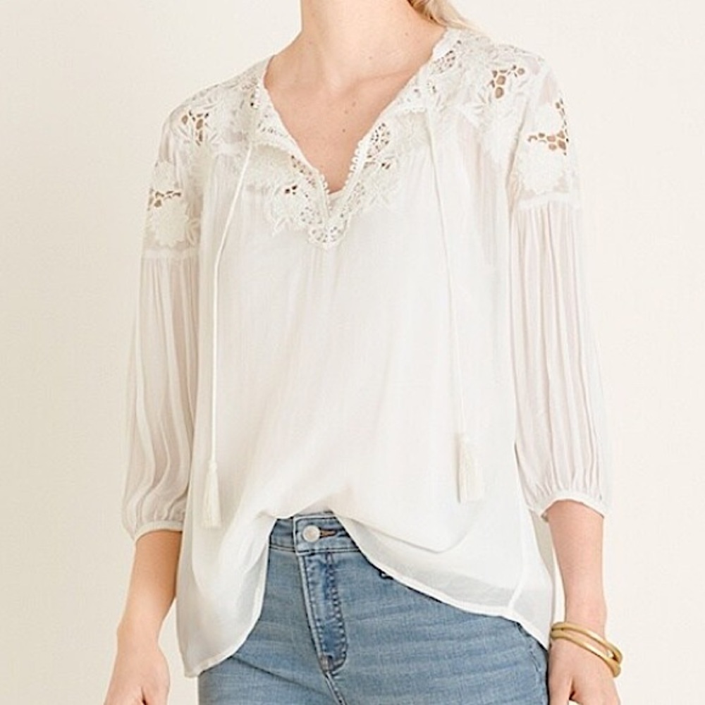 Chico’s Embellished Beaded Floral Peasant Blouse Ecru 2 / 12-14